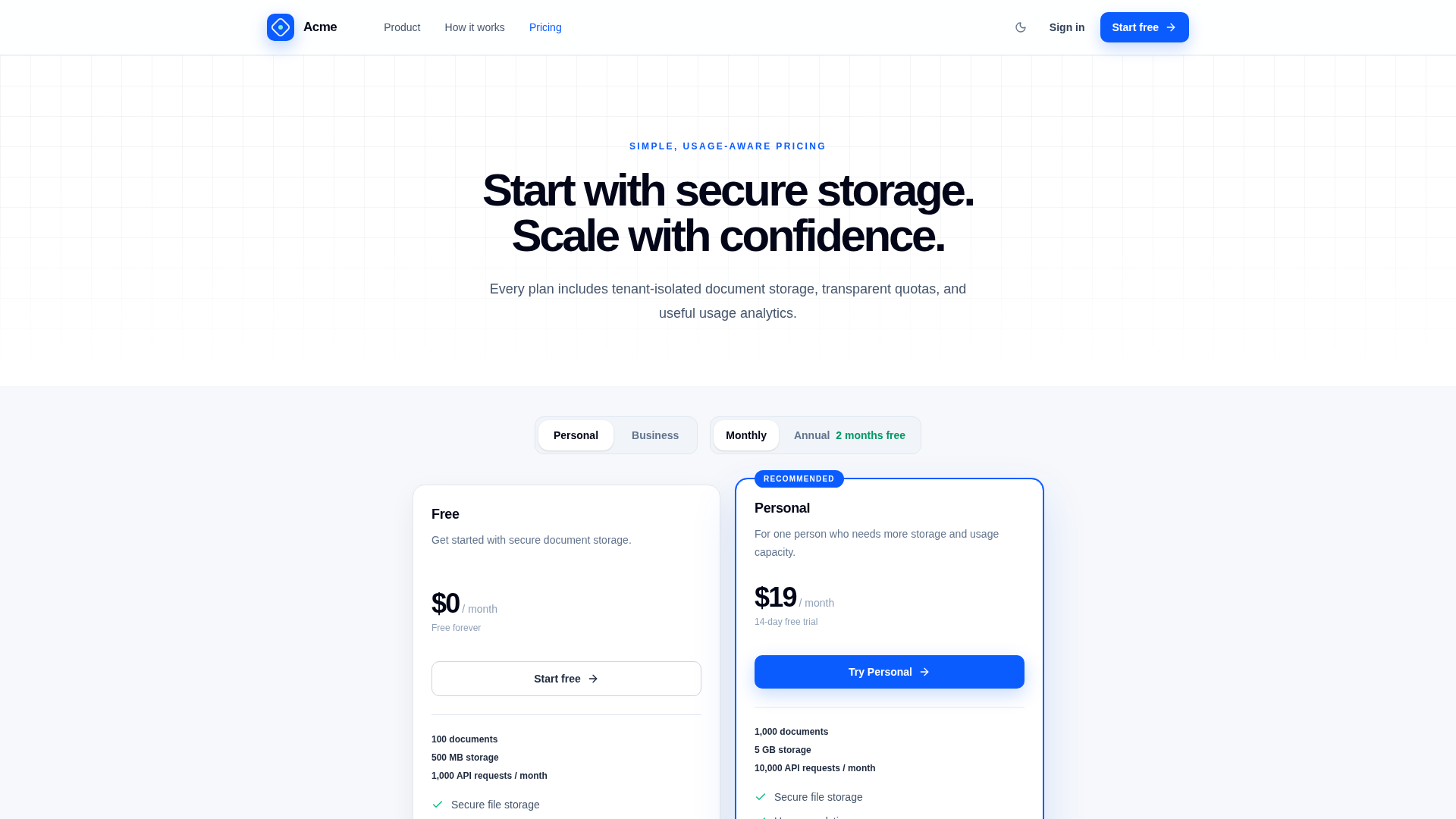 Public Content and Pricing Page