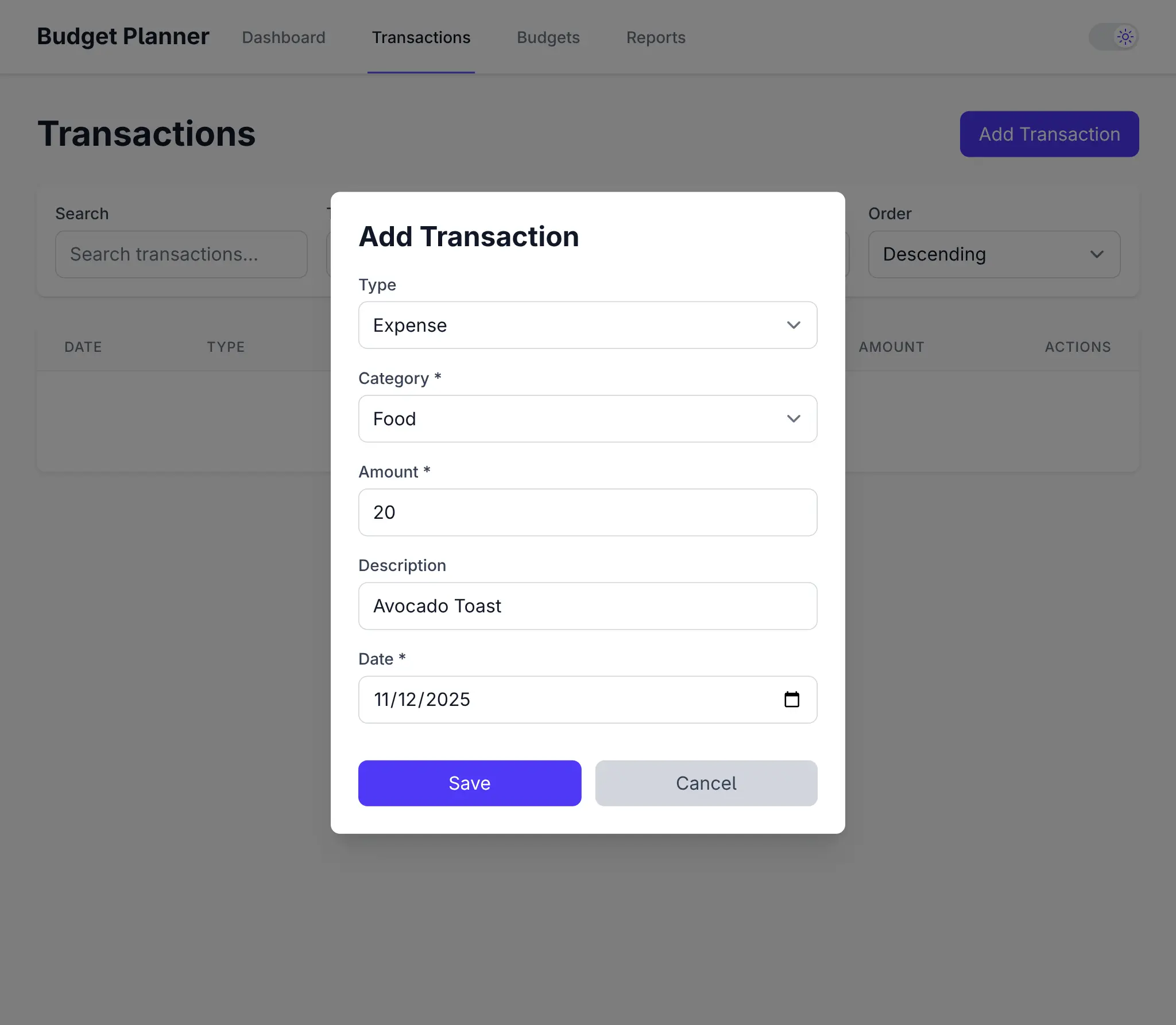 Transactions - Add Expense
