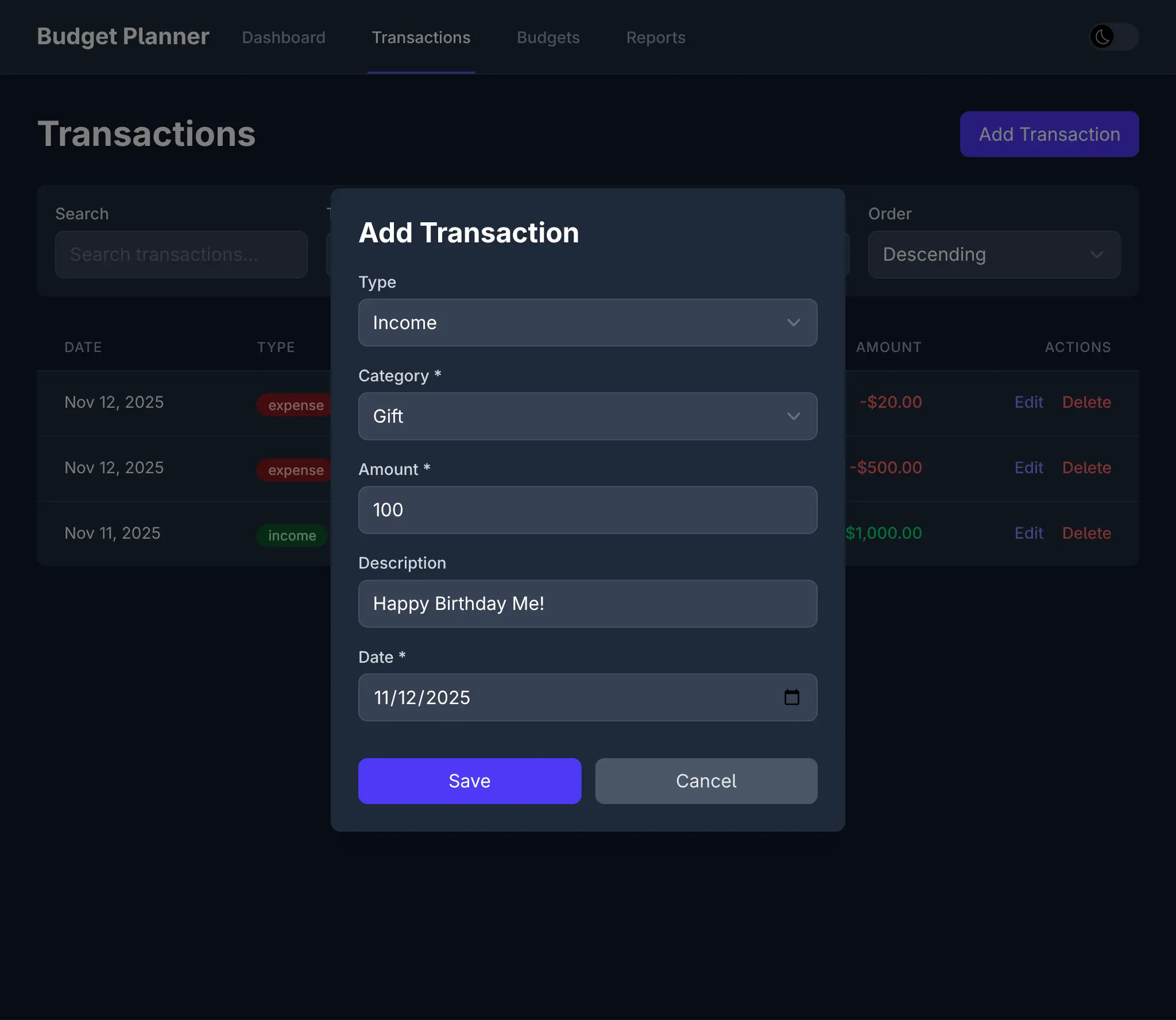 Transactions - Add Income - Dark Mode