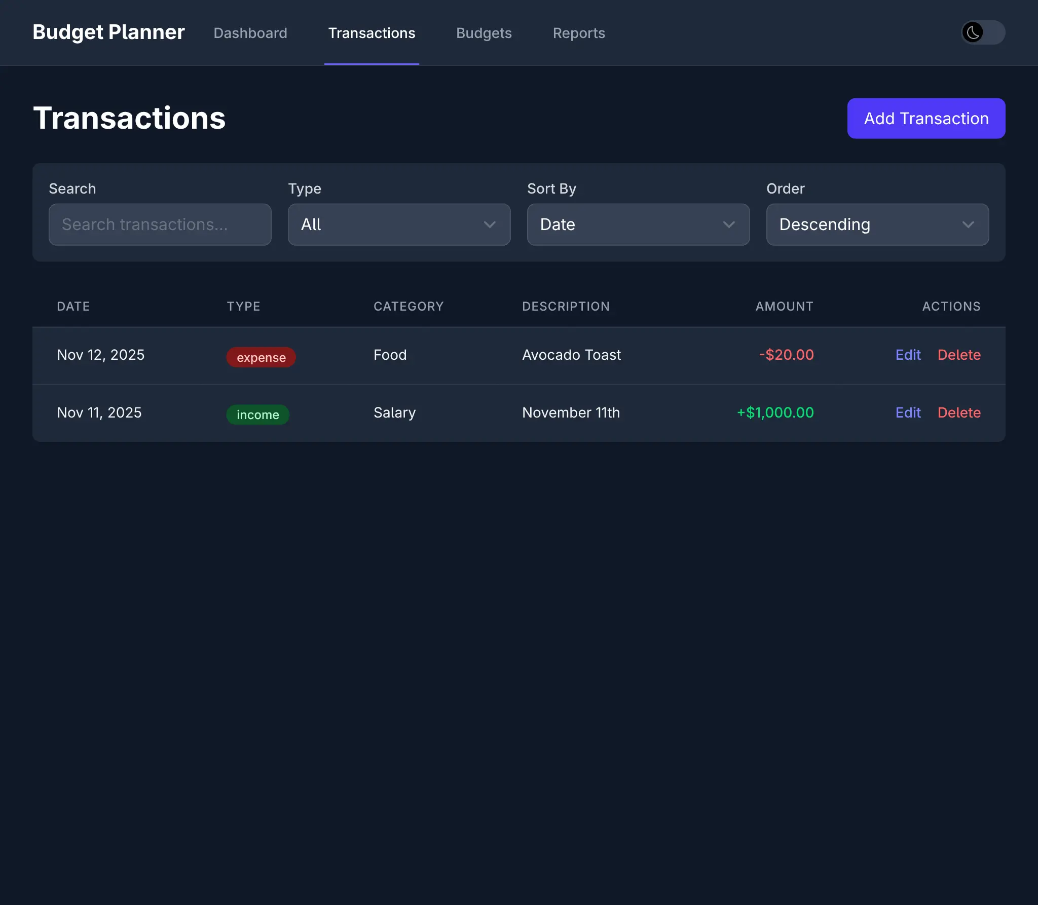 Transactions List - Dark Mode