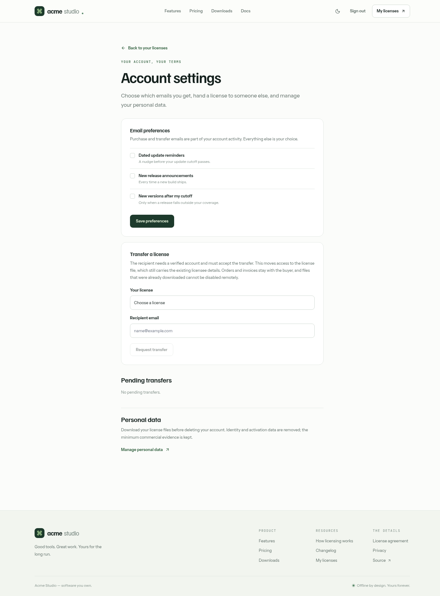 Account settings in light mode