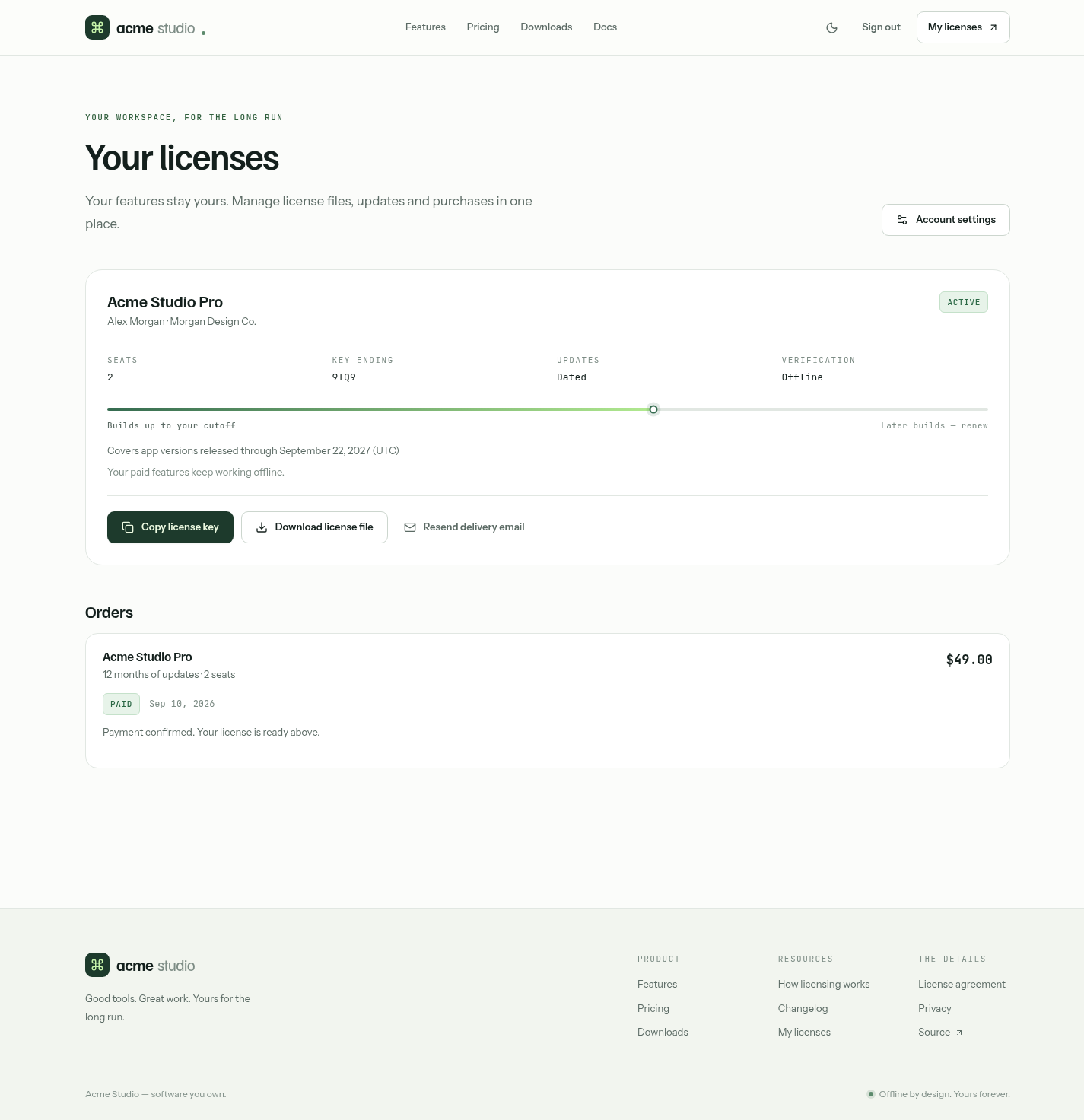 Example customer account with JWT license copy action