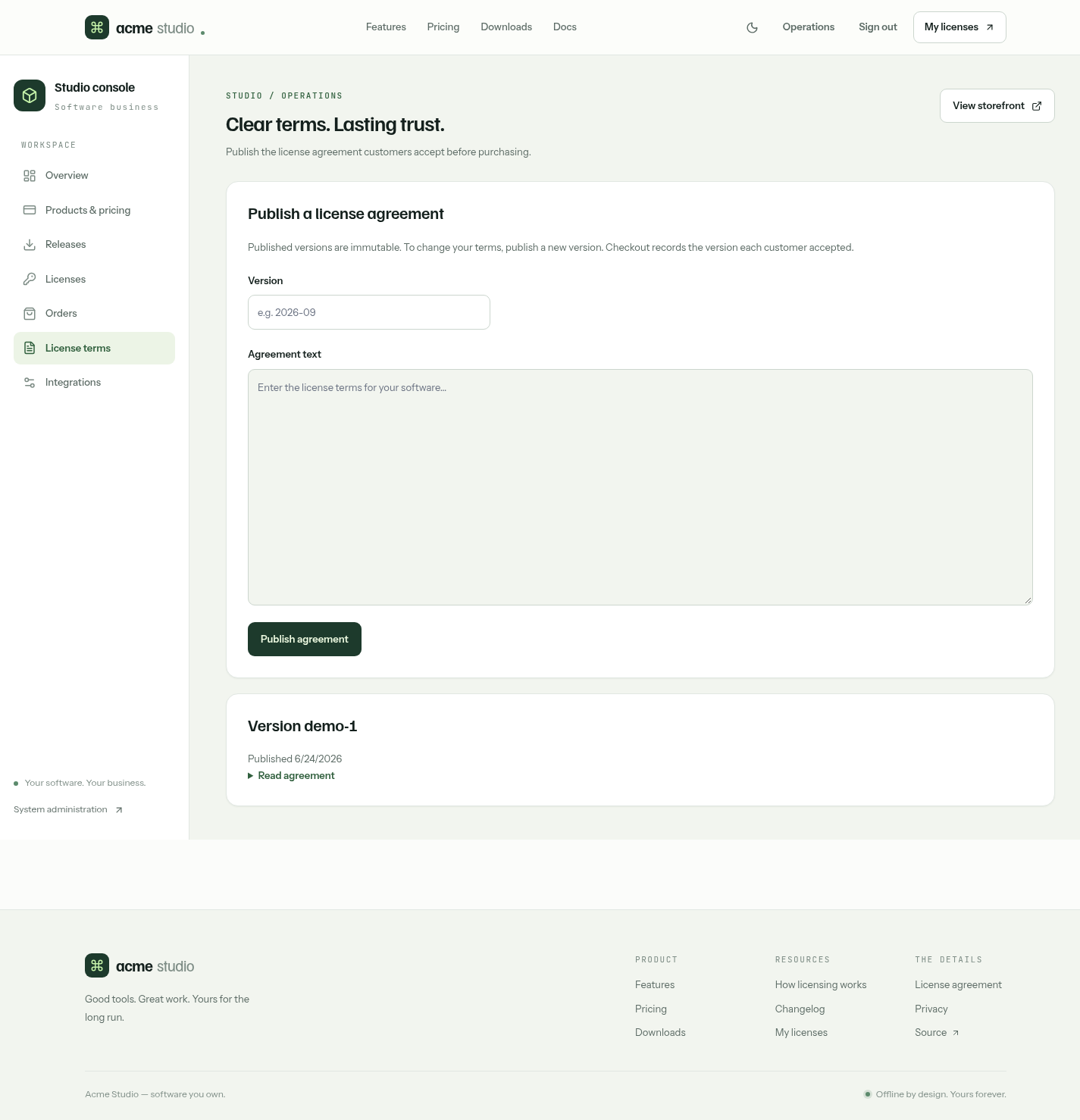 License terms with a Markdown preview in light mode