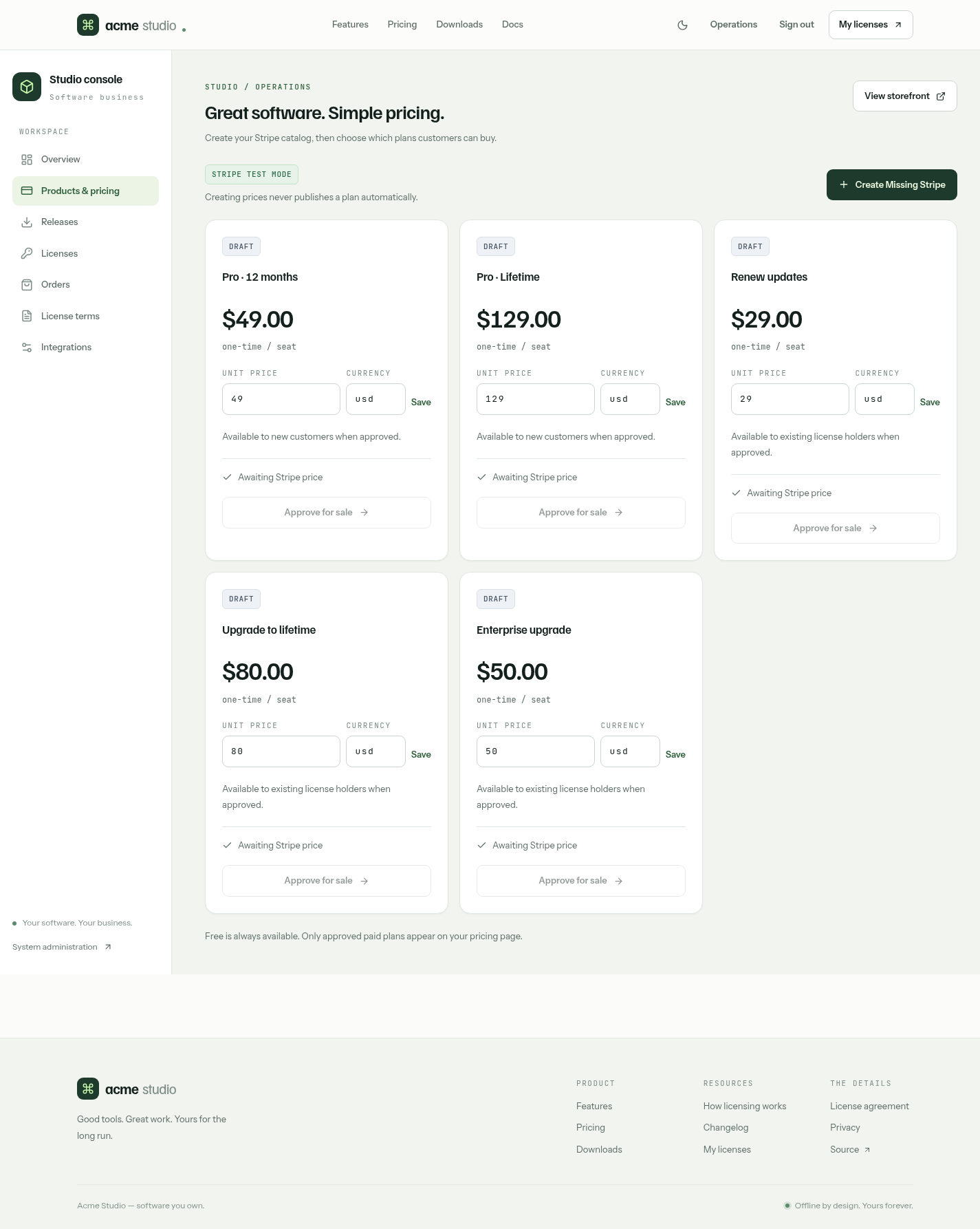 Products and pricing in light mode